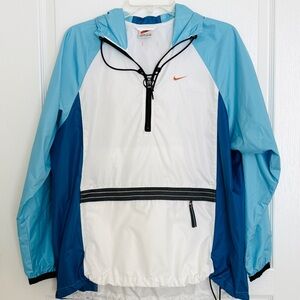 Nike Women’s Med Half Zip Pullover Hooded Jacket Windbreaker White Blue Vintage